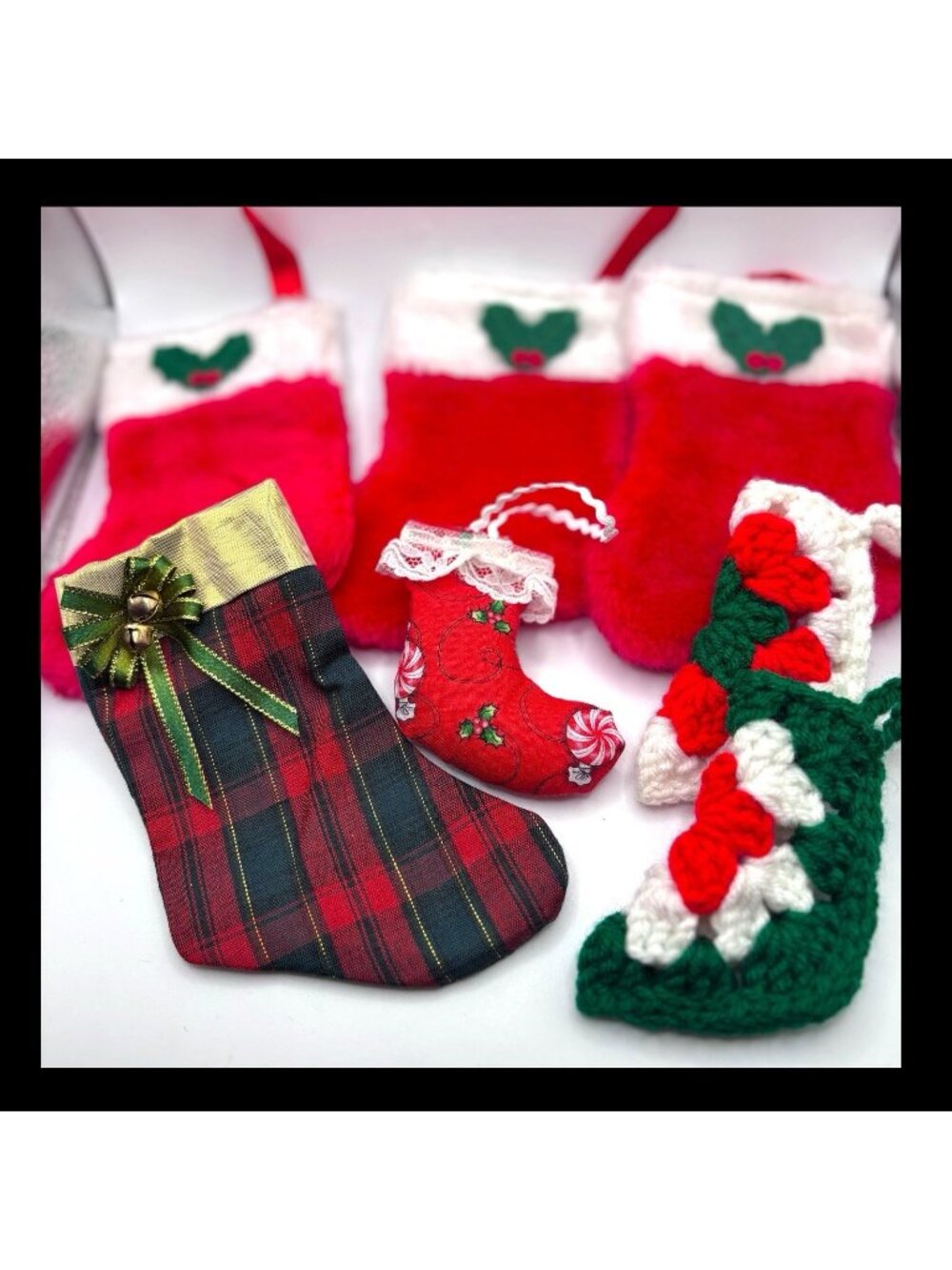 Lot of 7 Mini Christmas Stockings 3-6 Inches Assorted Designs. 2 Crochet Socks.